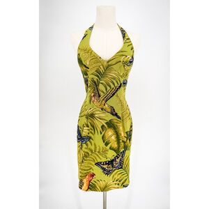 Women's Muse Green Tropical Halter Mini Dress Beaded Parrots Butterflies Size 2